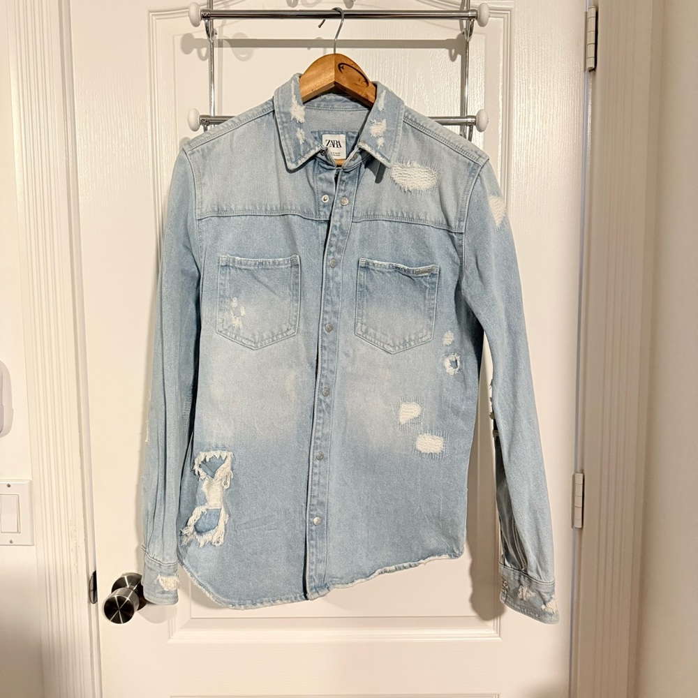Zara Light Blue Distressed Denim Shirt Jacket